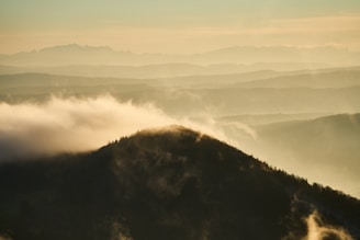 A misty mountain landscape at dawn with gentle light.