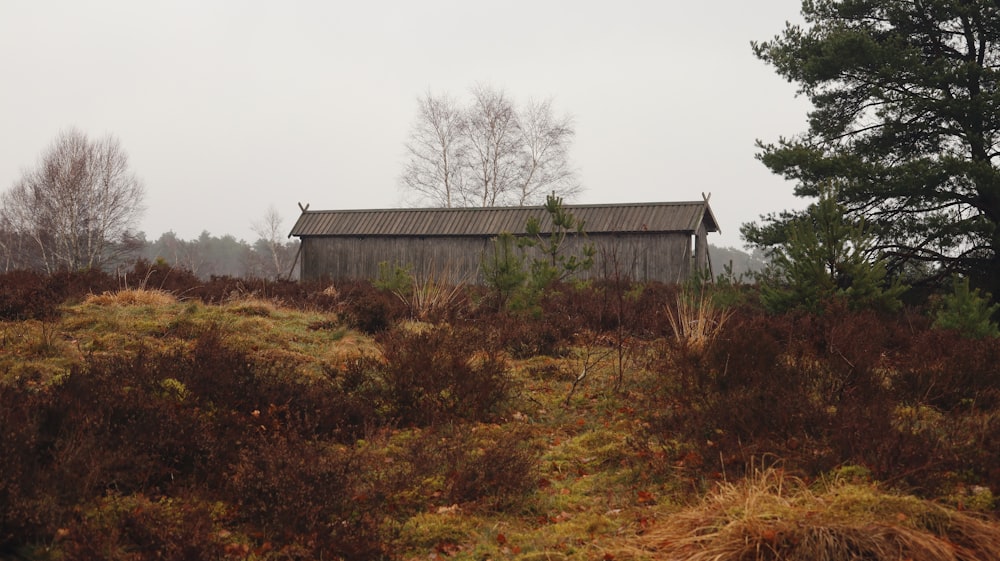 a barn on a hill with trees in the background