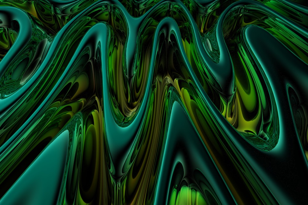 a green and black abstract background with wavy lines