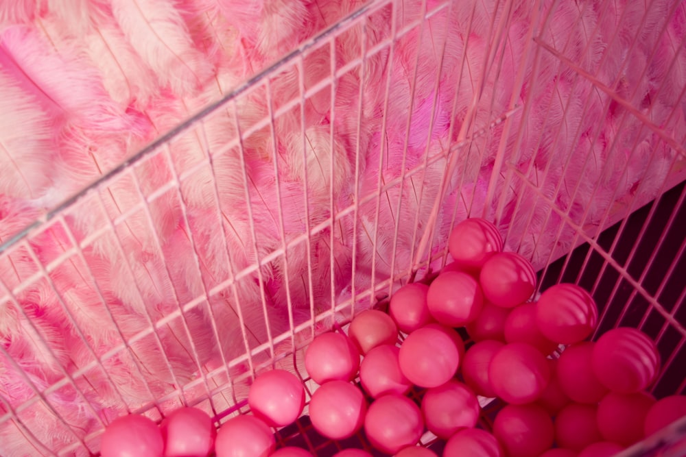 a cage filled with pink balls next to a stuffed animal