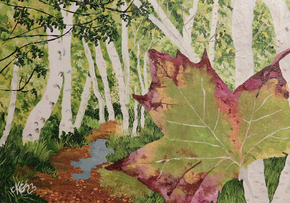 uma pintura de uma folha na floresta