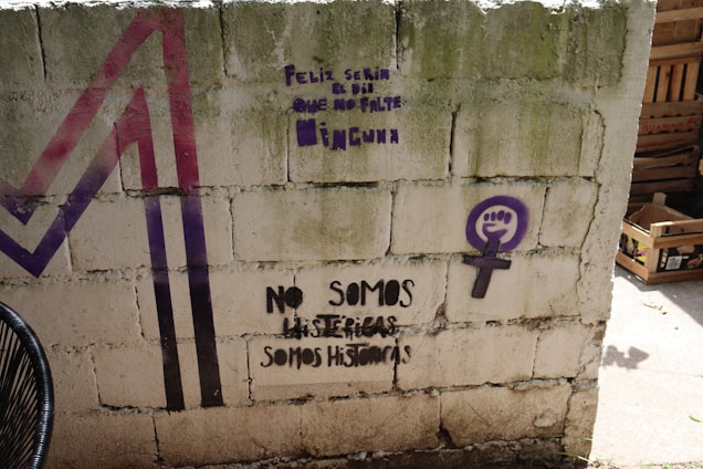 The image features a concrete wall with graffiti. There is text in Spanish highlighting feminist themes, including phrases such as 'No somos histéricas, somos históricas.' A purple feminist symbol with a raised fist is also visible. The wall has a greenish hue due to moss or staining, and there are some colored geometric shapes in purple and red on the left side.