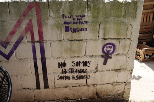The image features a concrete wall with graffiti. There is text in Spanish highlighting feminist themes, including phrases such as 'No somos hist&eacute;ricas, somos hist&oacute;ricas.' A purple feminist symbol with a raised fist is also visible. The wall has a greenish hue due to moss or staining, and there are some colored geometric shapes in purple and red on the left side.