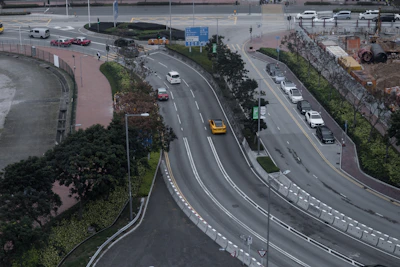 Aerial view of a complex detour plan implemented around a construction site with clear signage.