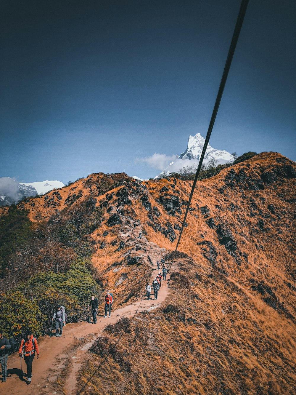 a group of people walking up a hill