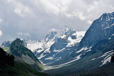 Snow-capped peaks of the Himalayas towering over a lush green valley.