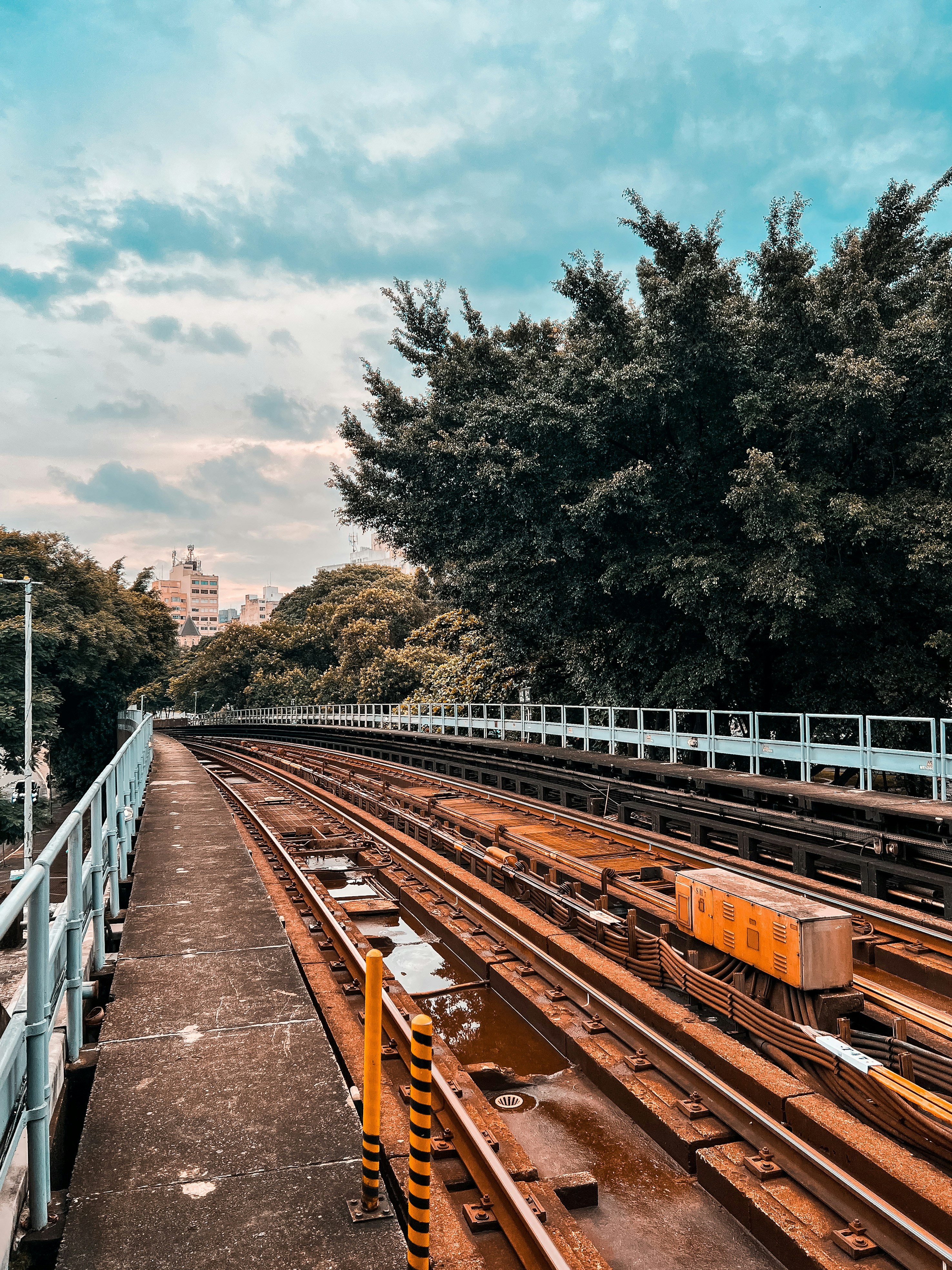 Blick auf eine Bahnstrecke mit Bäumen im Hintergrund
