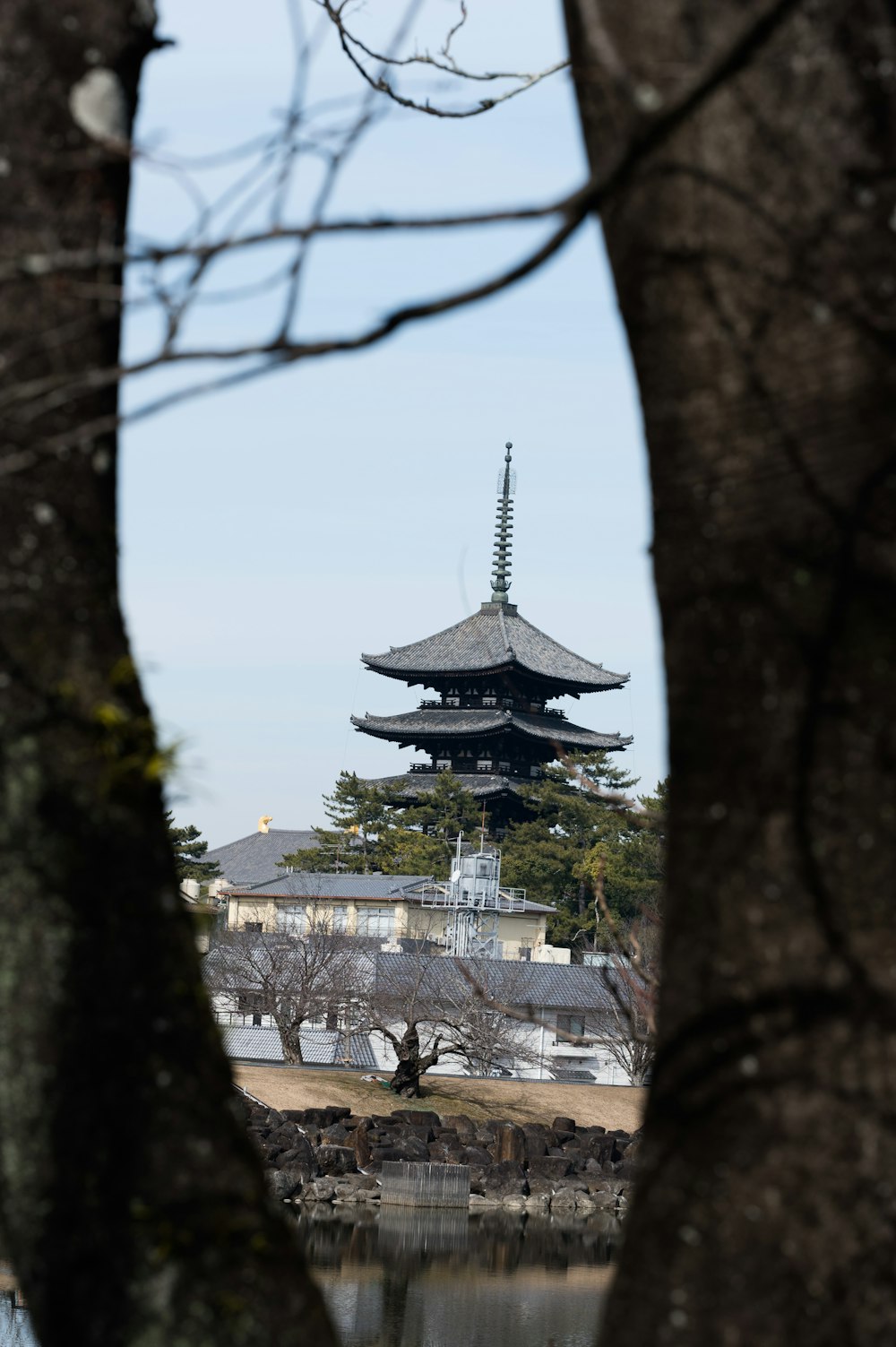 a view of a pagoda through some trees