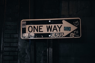 a one way sign hanging from the side of a building