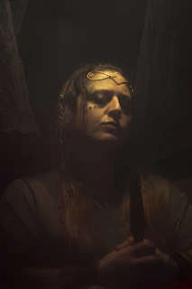 A moody gothic portrait of a fantasy rock girl surrounded by ethereal shadows and delicate miniatures.
