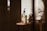 A glass bottle with a pump dispenser is placed on a wooden surface, illuminated by warm, natural light casting long shadows. The label on the bottle suggests it contains shea butter oil. The overall setting is minimalist, with a soft, earthy aesthetic.