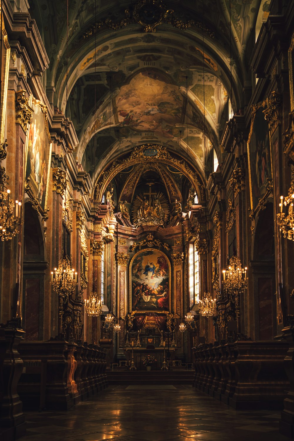 a church with a large painting on the wall