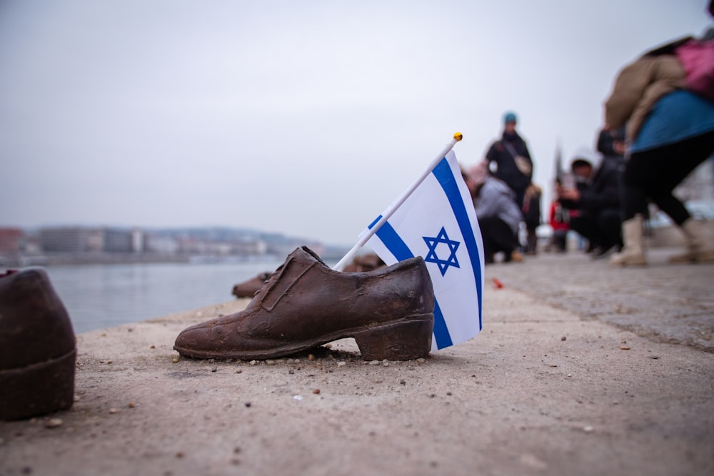 a pair of shoes with a flag sticking out of them