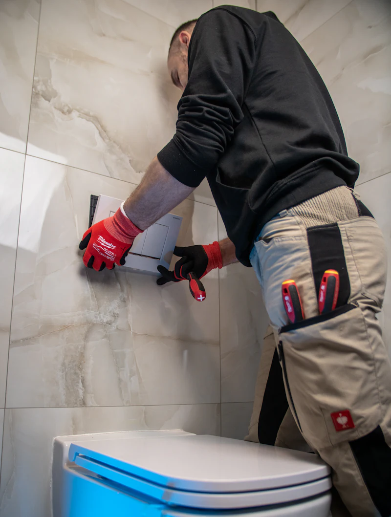 A plumber in work trousers removing the flush plate from a wall-mounted toilet cistern, with screwdrivers in a belt pocket.