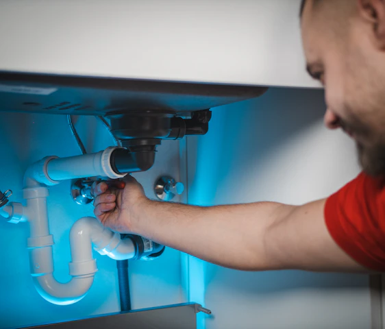A professional plumber fixing a modern water pipe with blue and white tones in the background.
