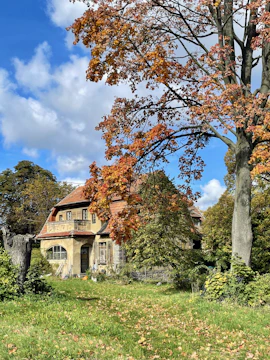 Cozy rural house surrounded by trees and natural landscape under a clear sky.