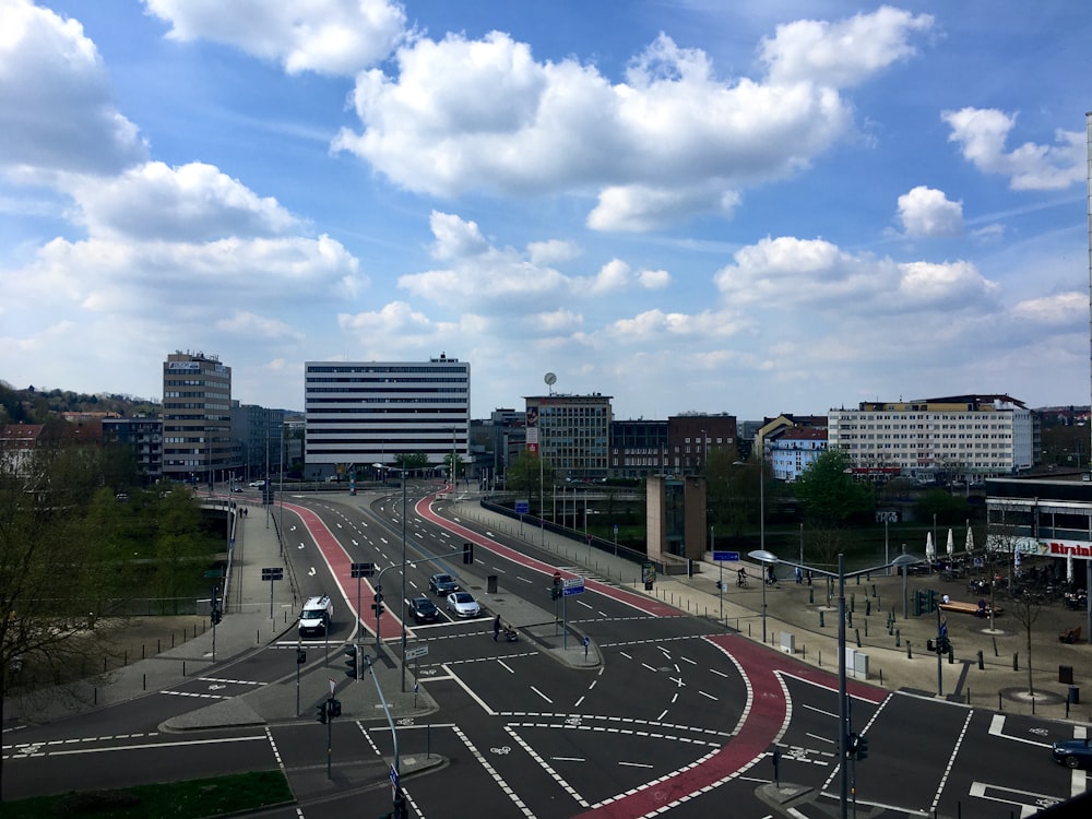 a view of a city street with a sky background