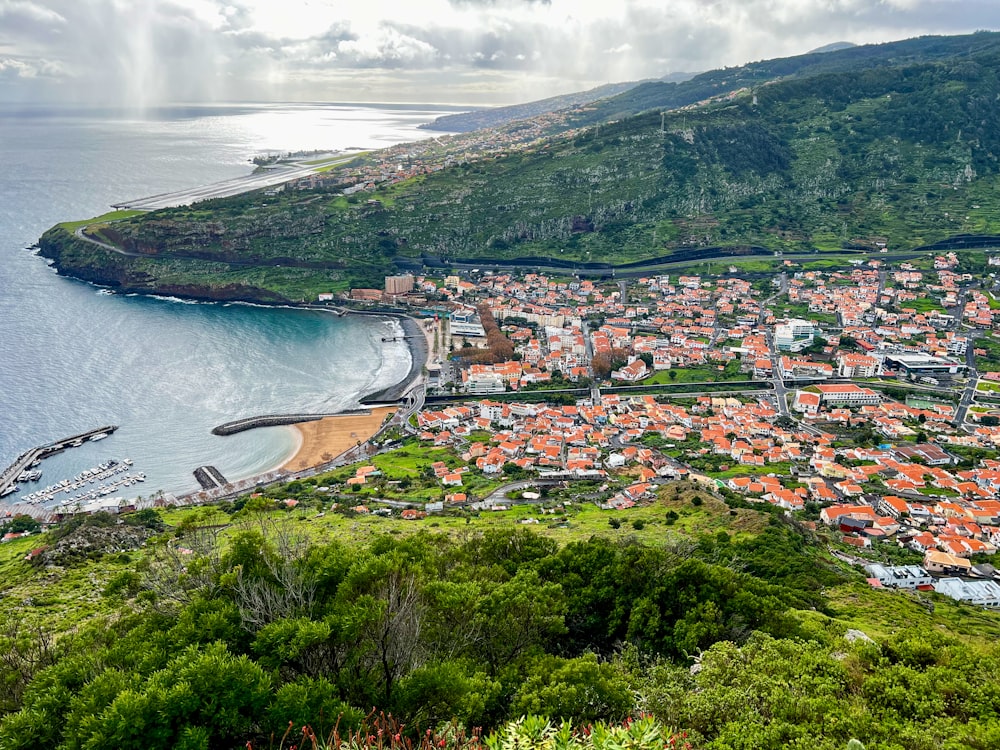 an aerial view of a small town by the ocean