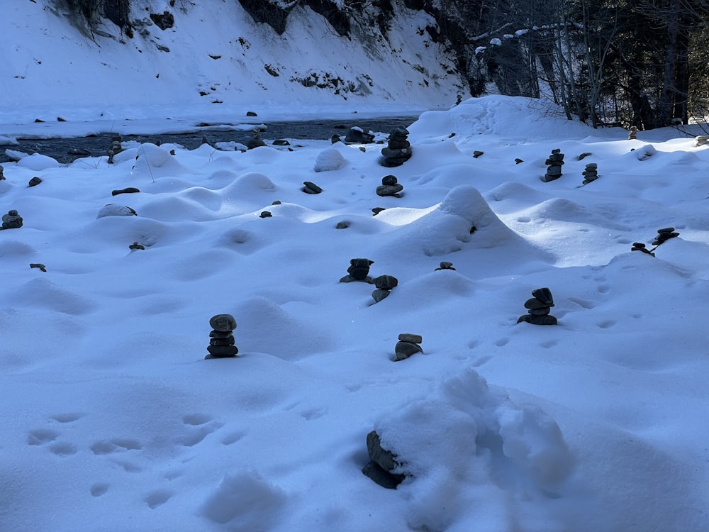 a pile of rocks sitting on top of snow covered ground