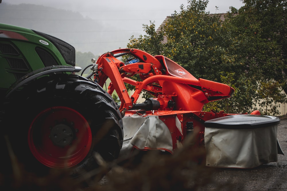 a tractor is parked next to a round table