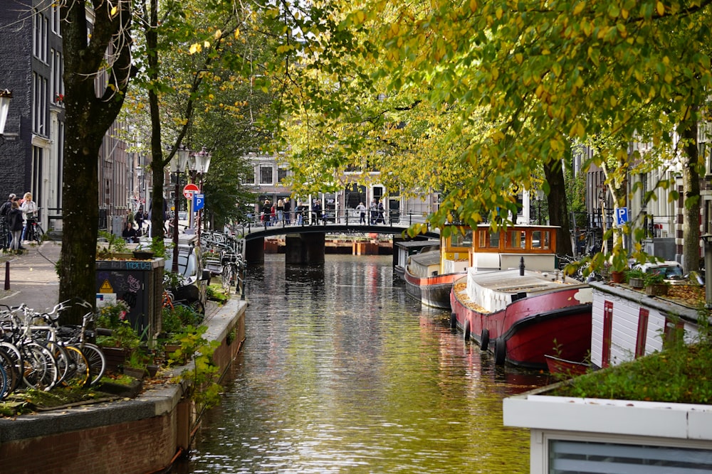 a canal with several boats and bicycles parked along it
