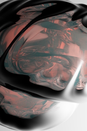 An abstract digital artwork featuring smooth, swirling forms in a combination of metallic black, glossy white, and muted copper tones. The composition creates a fluid, dynamic effect with reflective surfaces and curved lines, suggesting movement and depth.