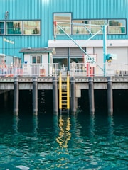 A waterfront scene featuring a blue industrial building with large windows and a crane. A yellow ladder is attached to the dock, descending into the reflective water. The dock has signage indicating 'Taxies Only'.
