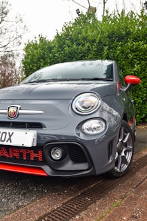 A sporty grey car with distinctive red accents on the bumper and side mirrors. It is parked on a paved surface near lush green bushes, with a focus on the vehicle's front end, showcasing circular headlights and a prominent logo on the grille. The day appears overcast with soft lighting.