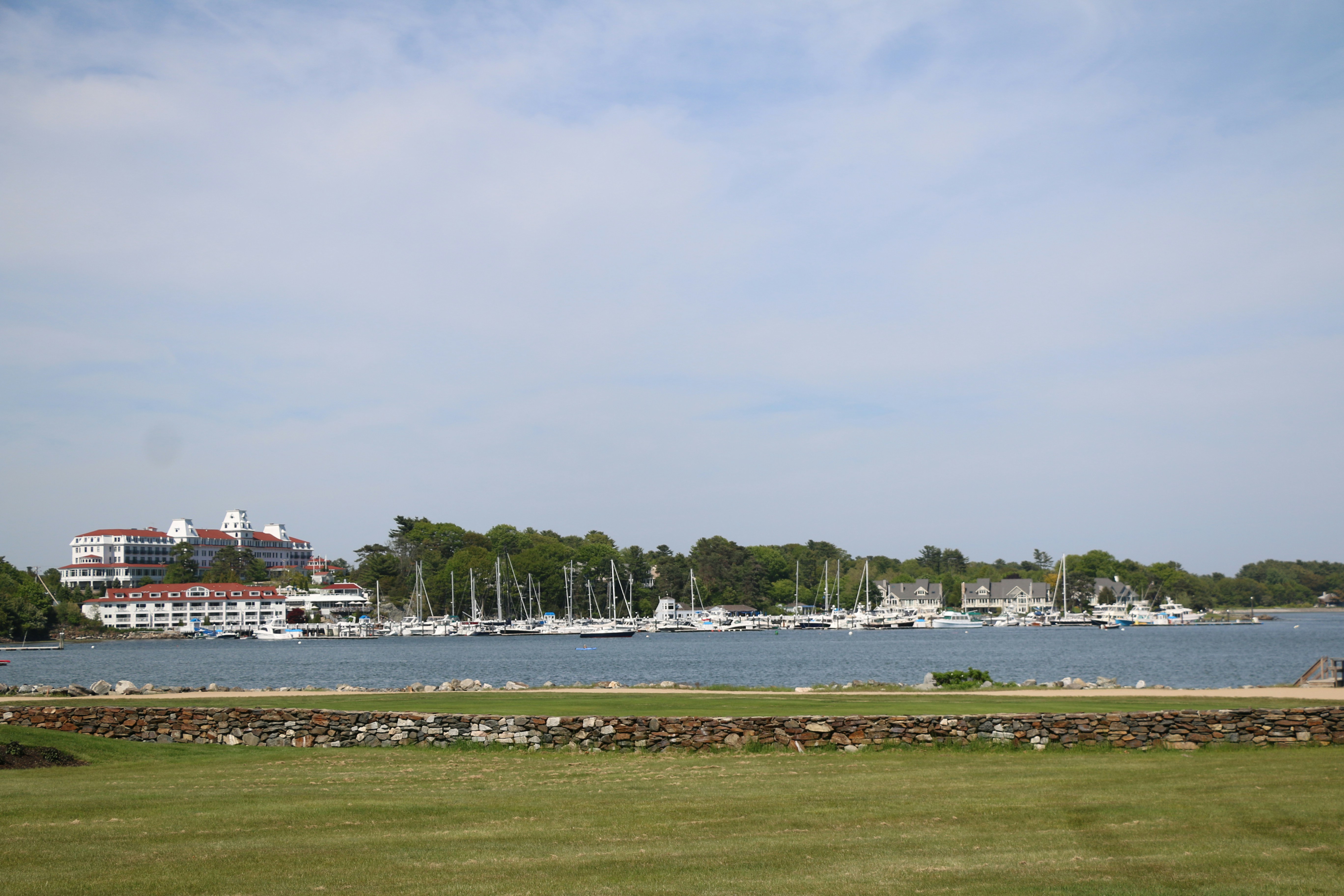 무성한 녹색 들판으로 둘러싸인 큰 수역