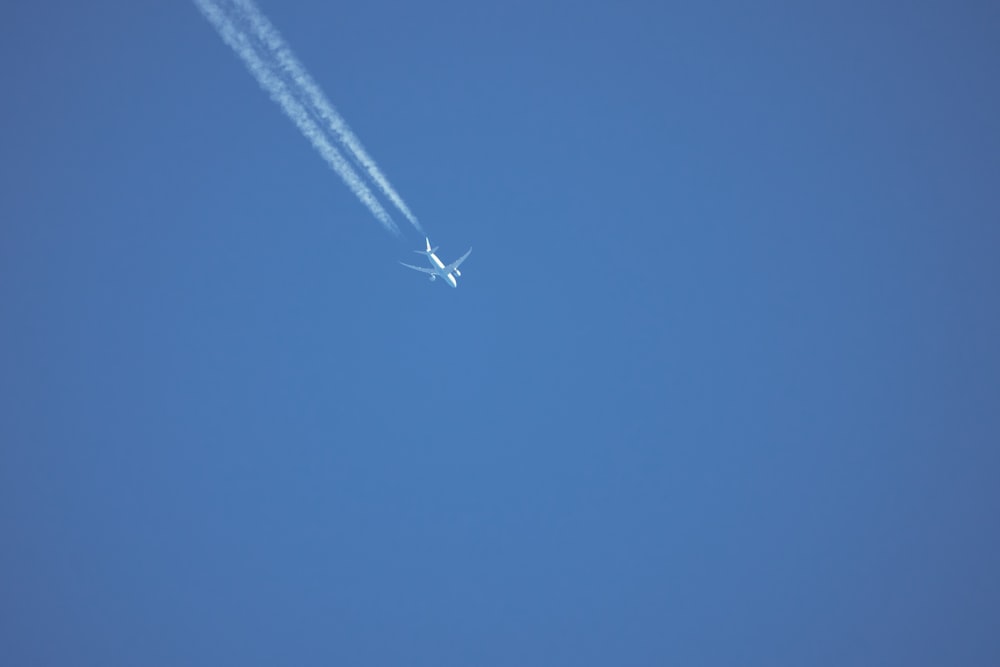 an airplane is flying in the clear blue sky