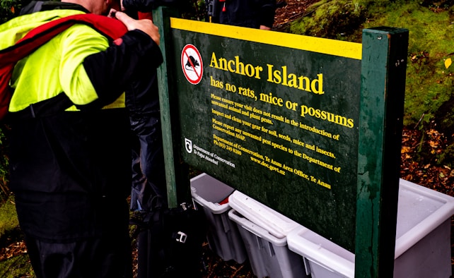 A person in a raincoat is standing next to a large green sign about Anchor Island, which states it has no rats, mice, or possums. The sign also instructs visitors on checking their gear for pests. Large plastic bins are placed beneath the sign, surrounded by a natural, moss-covered environment.