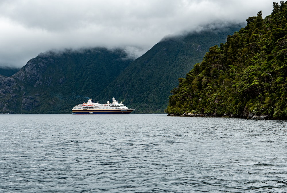 a cruise ship in a body of water with mountains in the background