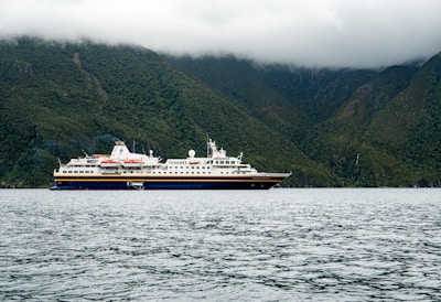 A cruise ship is sailing on calm waters with towering, lush green mountains in the background and low, overcast clouds creating a misty atmosphere.