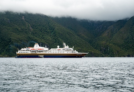 A cruise ship is sailing on calm waters with towering, lush green mountains in the background and low, overcast clouds creating a misty atmosphere.