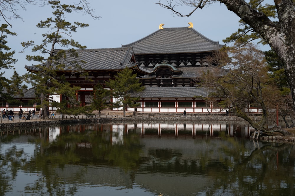 a large building with a pond in front of it