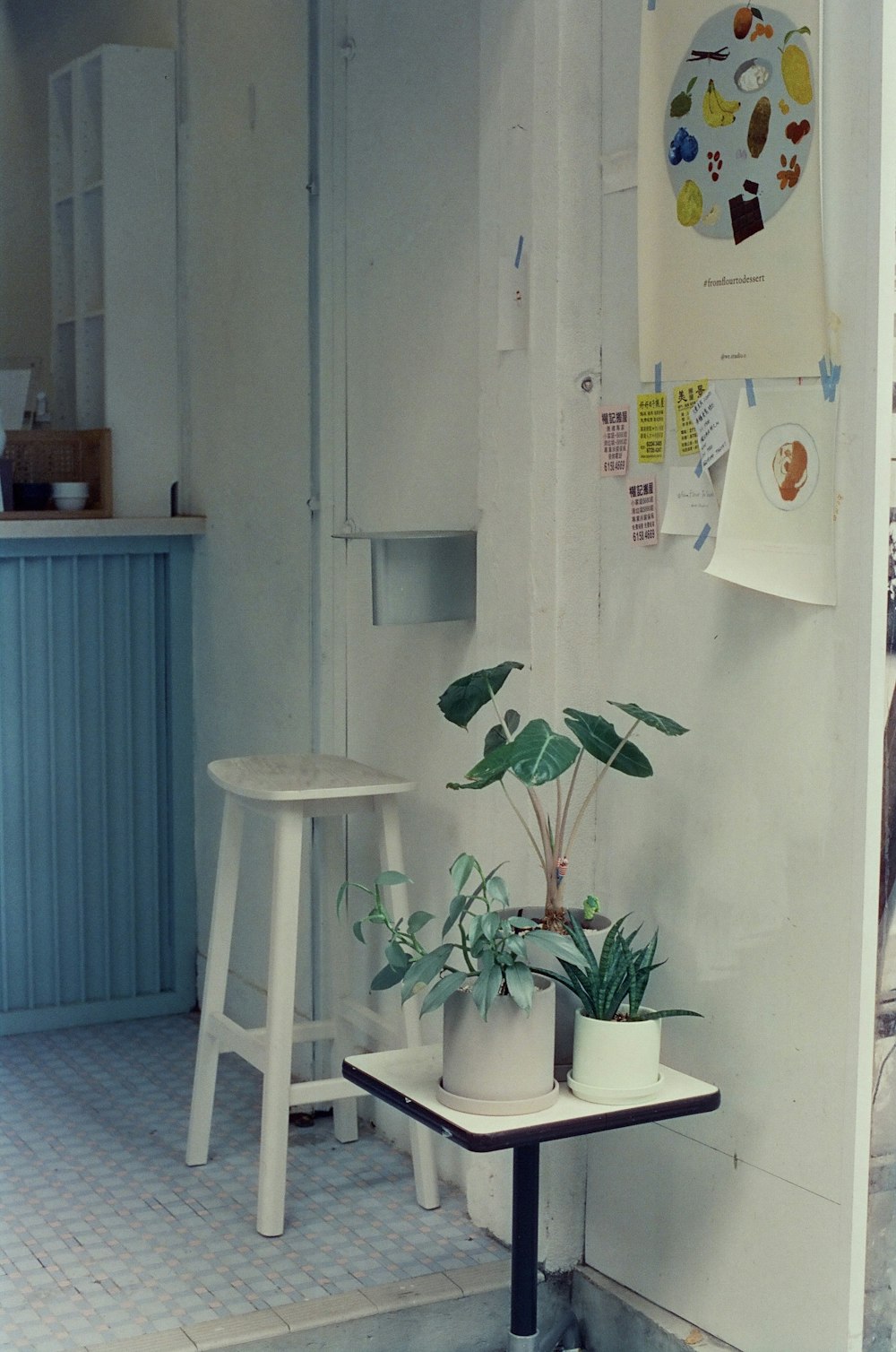 a small table with a plant on top of it