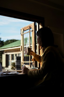 A person sits by an open window, holding a cup and gazing outside. Sunlight illuminates the room, casting shadows and creating a warm, serene atmosphere. The background shows part of a building with a green roof amidst a natural setting.