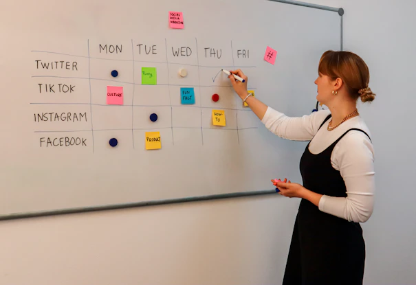a woman writing on a white board with sticky notes