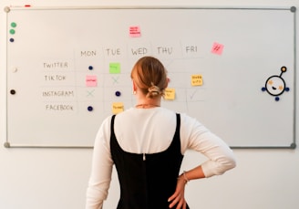 a woman standing in front of a white board with sticky notes on it