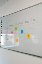 a white board with sticky notes on it