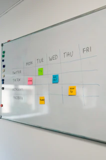 a white board with sticky notes on it