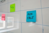 A whiteboard features a grid layout with blue lines and has colorful sticky notes attached to it. The sticky notes include a blue one labeled 'FUN FACT,' a green one labeled 'Funny,' and a pink one labeled 'CULTURE.'