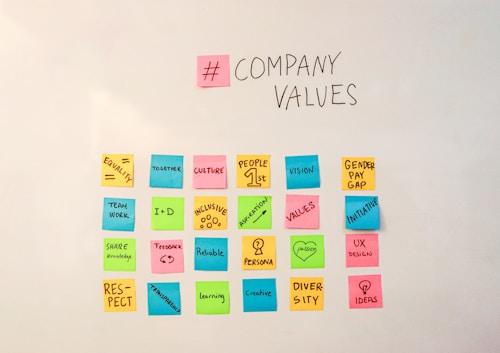 A whiteboard with colorful sticky notes arranged in a grid. Each sticky note has words related to company values, such as equality, culture, and respect. The sticky notes are pink, blue, yellow, and green, creating a vibrant and organized display.