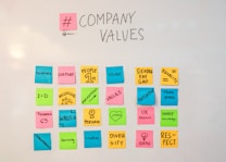 A collection of colorful sticky notes arranged in a grid on a whiteboard, conveying various company values and concepts such as 'Together,' 'Culture,' 'Innovation and Diversity,' 'Vision,' 'Equality,' and 'Respect.' Each note is a different color, including pink, blue, yellow, and green.