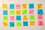 a white board with post it notes written on it
