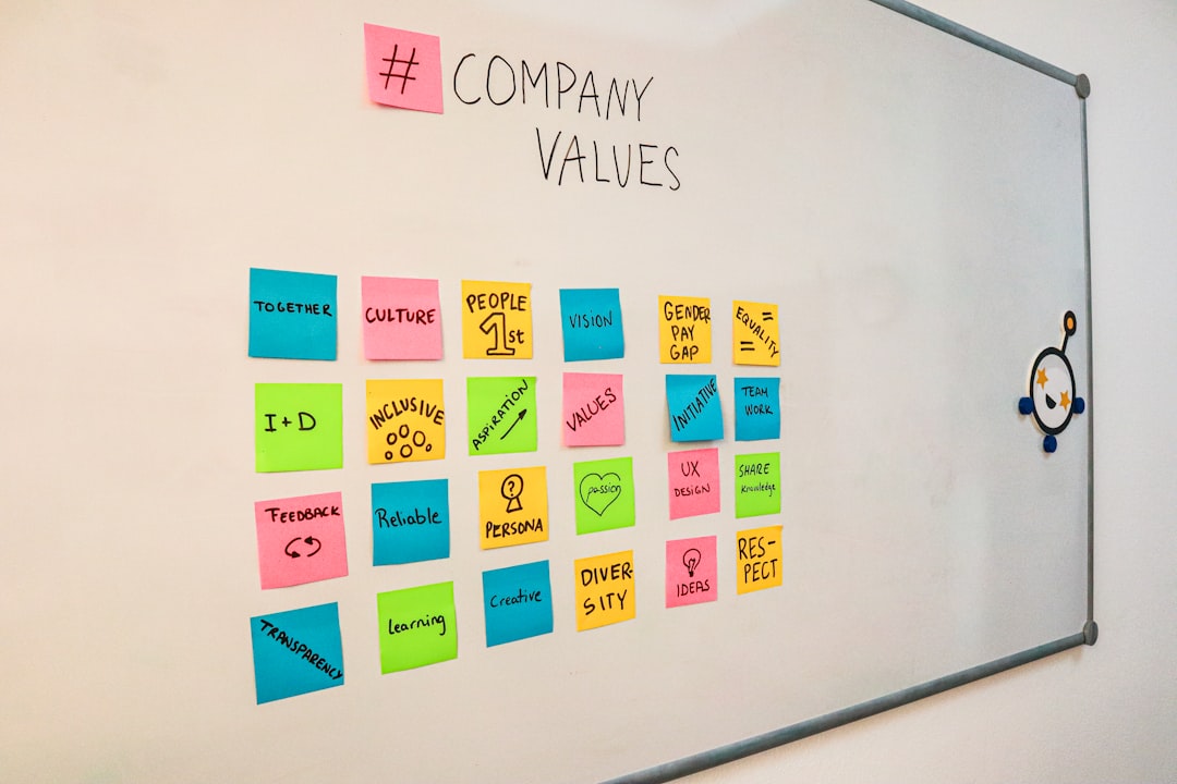 a white board with post it notes on it, White board with company values written on sticky notes