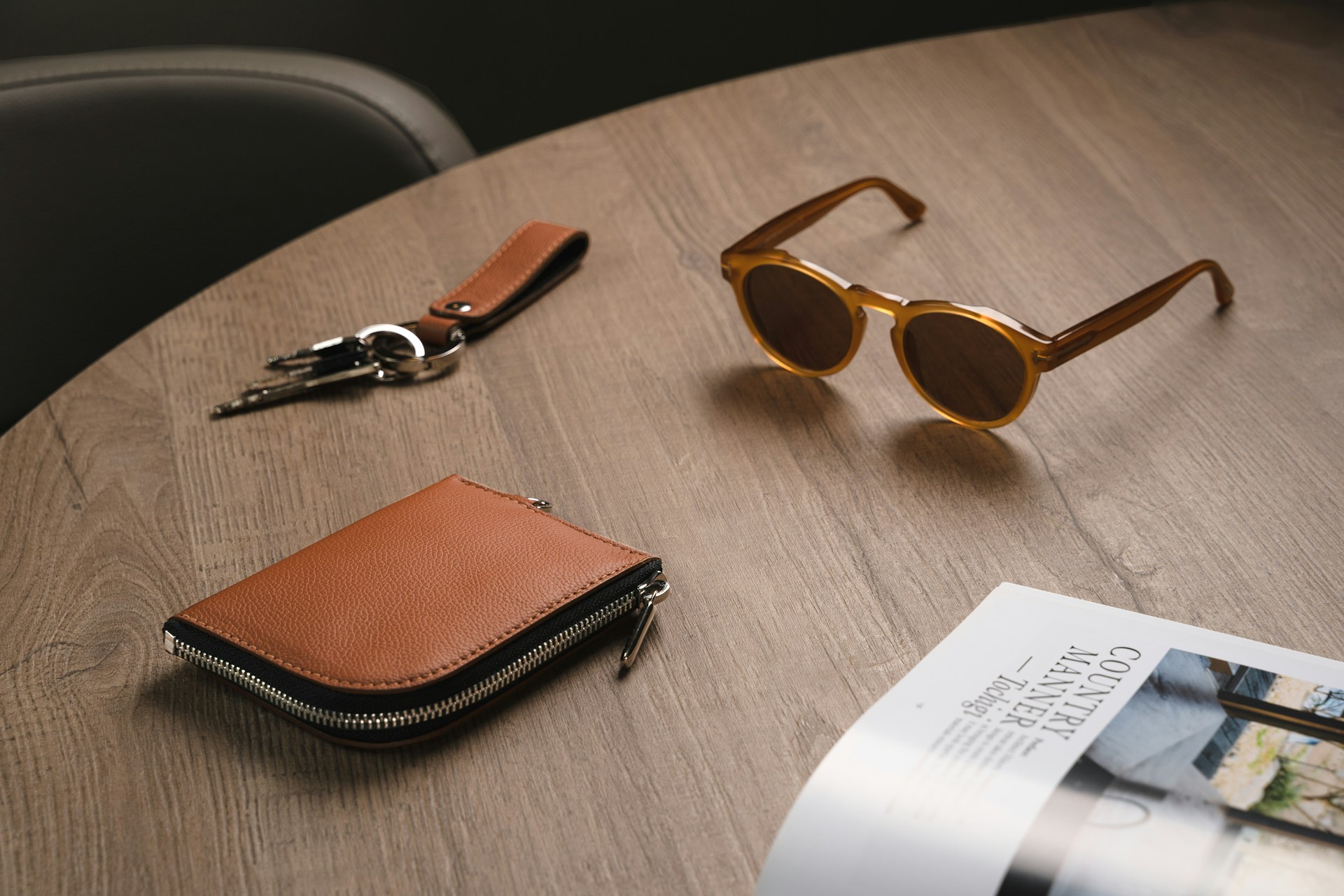 a wooden table topped with a wallet and sunglasses