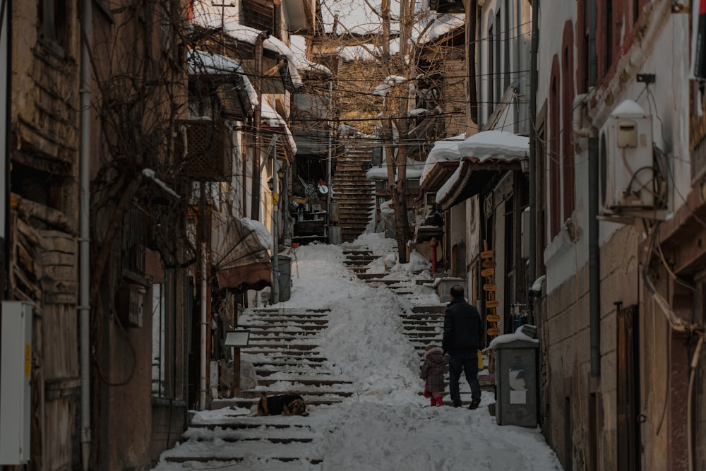 a man and a dog are walking down a snowy street