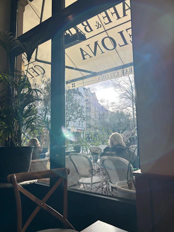 Warm sunlight filters through large windows at Cafe Baha's Sattva Greenage location, highlighting cozy workspaces with patrons enjoying matcha lattes.