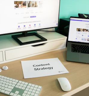 Close-up of elegant content marketing strategy notes on a marble desk